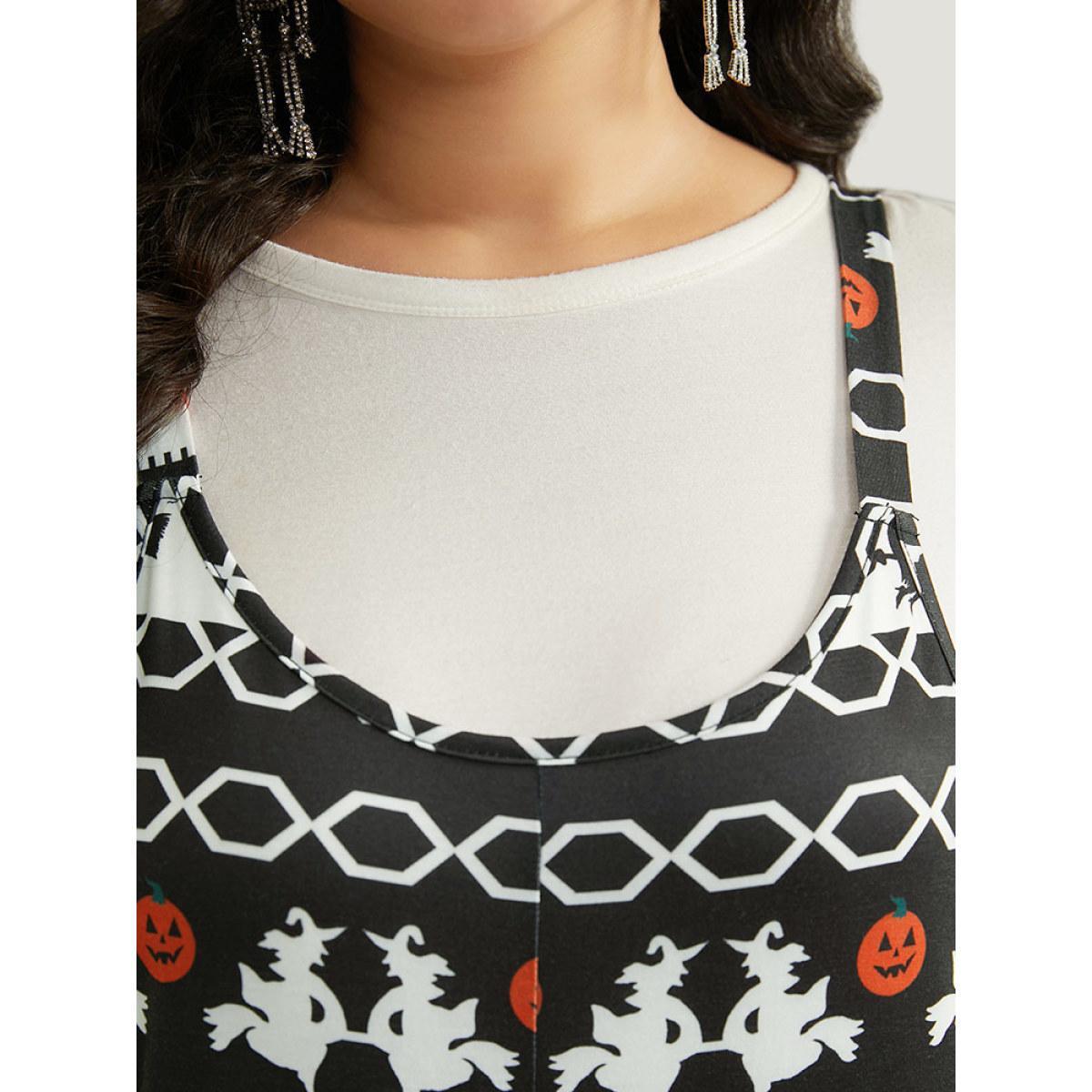 Plus Size Black Halloween Witch & Pumpkin Pattern Striped Jumpsuit Women Casual Sleeveless Spaghetti Strap Festival-Halloween Loose Jumpsuits BloomChic 18-20/2X Product Image