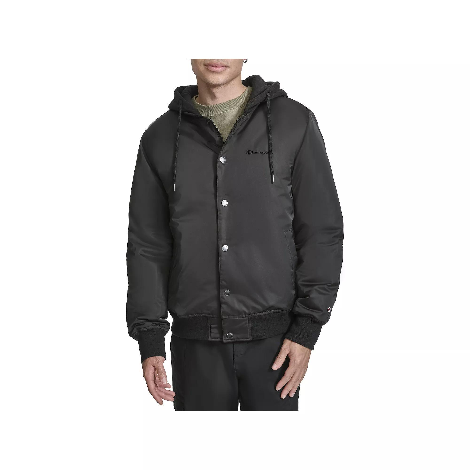 Men's Champion® Hooded Varsity Bomber Jacket with Quilted Lining, Size: XL, Black Product Image