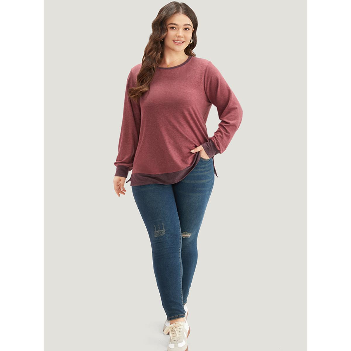 Plus Size Two Tone Split Side Sweatshirt Women Russet Casual Elastic cuffs Round Neck Dailywear Sweatshirts BloomChic 26/4X Product Image