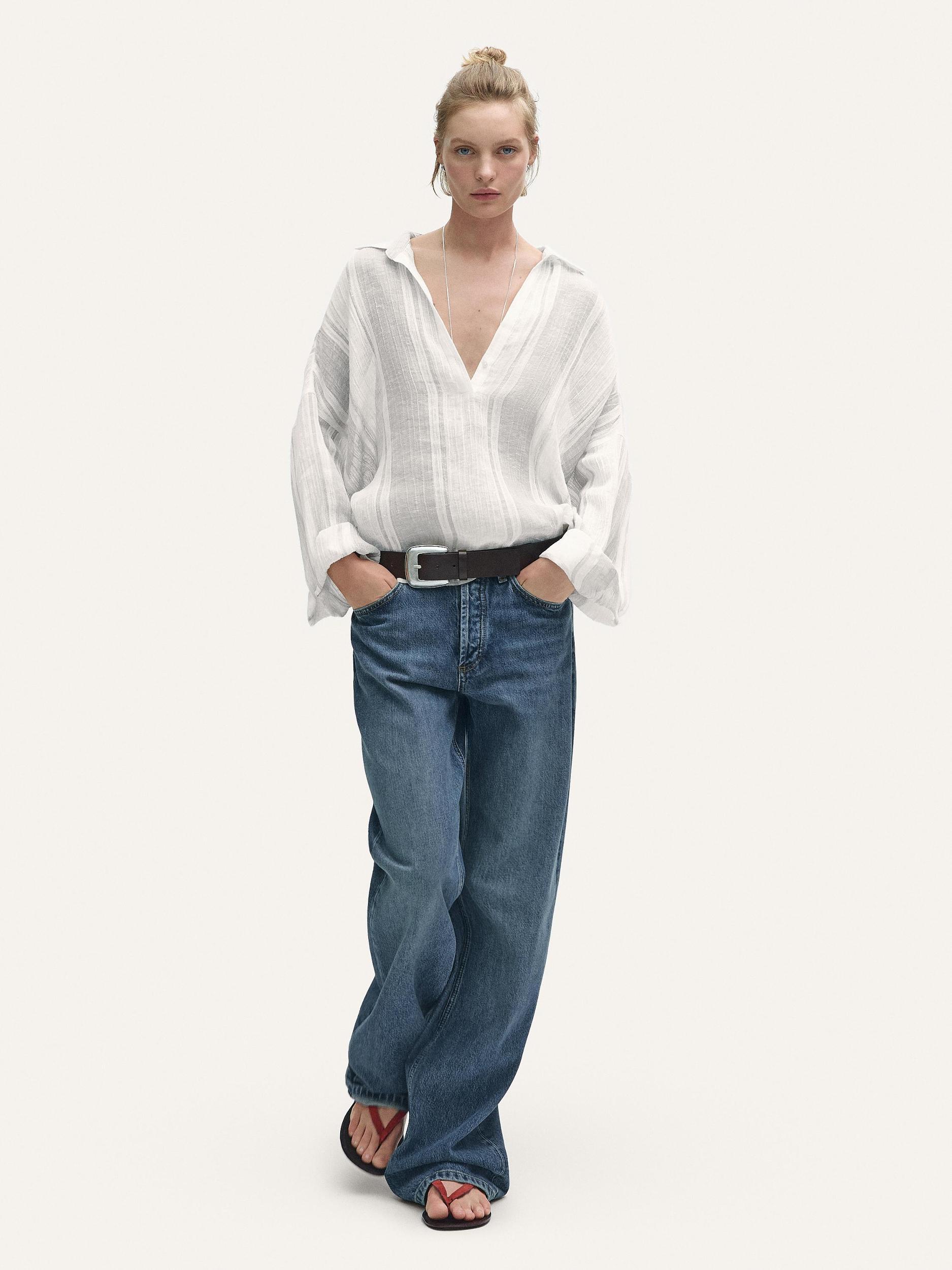 Flowing striped linen blend blouse Product Image