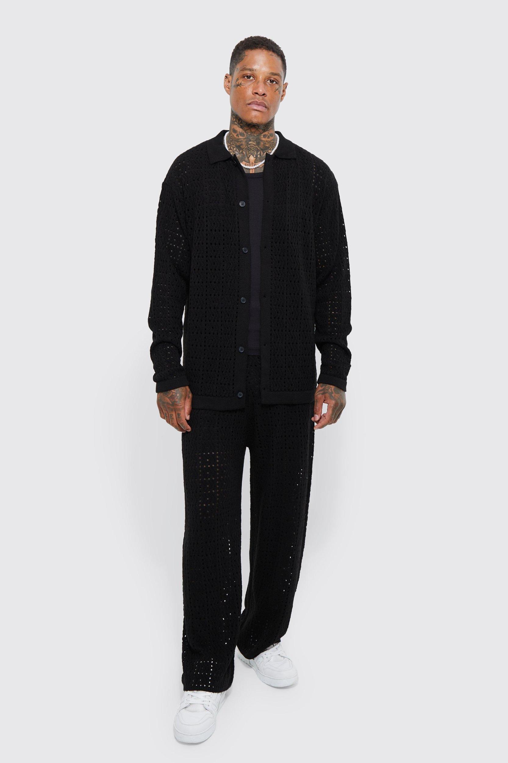 Oversized Long Sleeve Crochet Knitted Shirt | boohooMAN USA Product Image