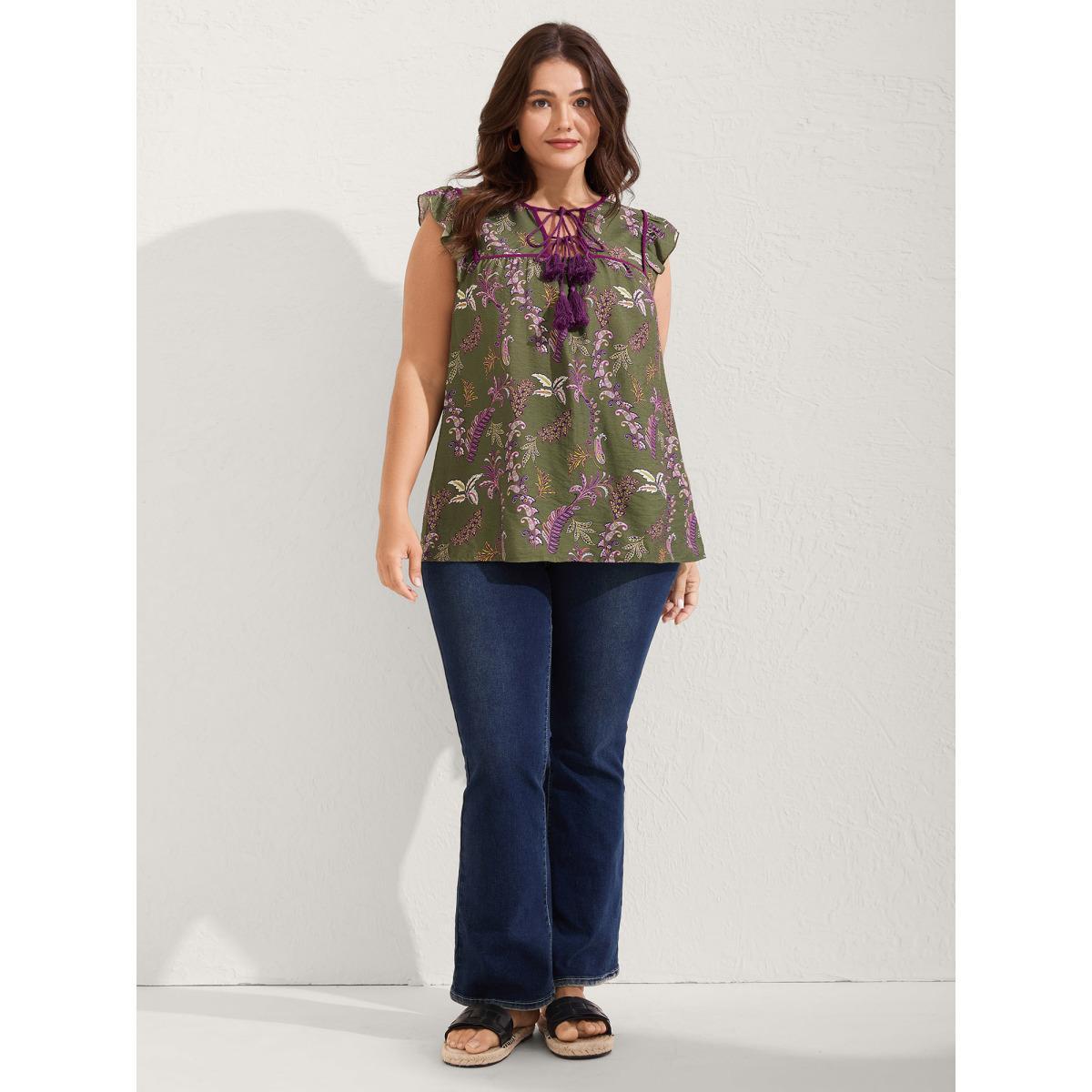 Plus Size Moss Paisley Print Color Contrast Flowy Blouse Women Cap Sleeve Asymmetrical Neck Vacation Blouses BloomChic 26/4X Product Image