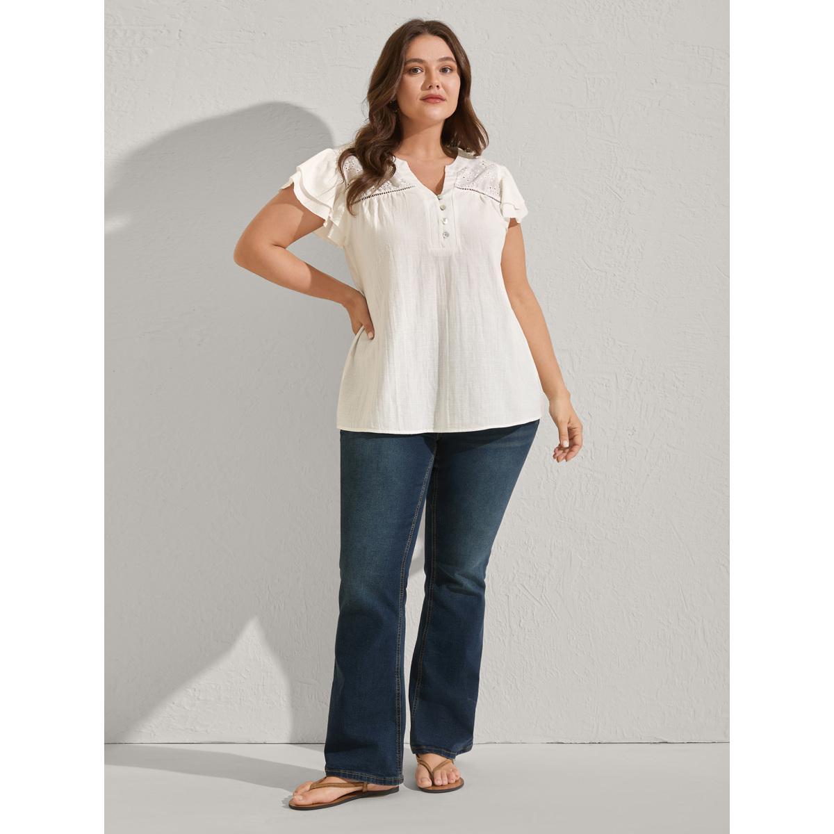 Plus Size Originalwhite Cotton Lace Eyelet Trim Layered Sleeve Blouse Women Cap Sleeve Flat collar with V-notch Vacation Blouses BloomChic 28/5X Product Image