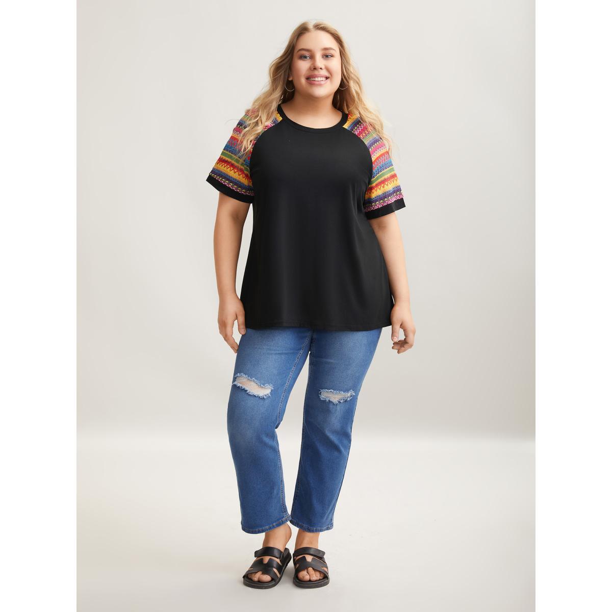 Plus Size Multi-Color Striped Sleeve Spliced T-Shirt Black Women Casual Contrast Round Neck Everyday T-shirts BloomChic 28/5X Product Image