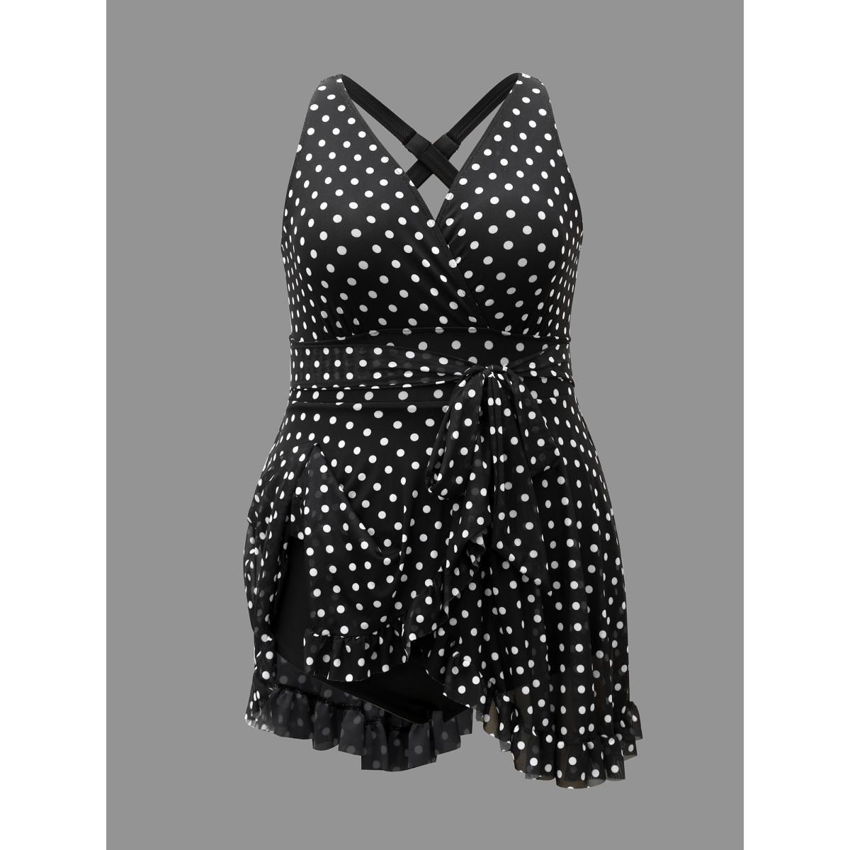 Plus Size Polka Dot Ruffled Hem Belted Swim Dress Women's Swimwear Black Beach Bodycon Overlap Collar High stretch Curve Swim Dresses BloomChic 28/5X Product Image