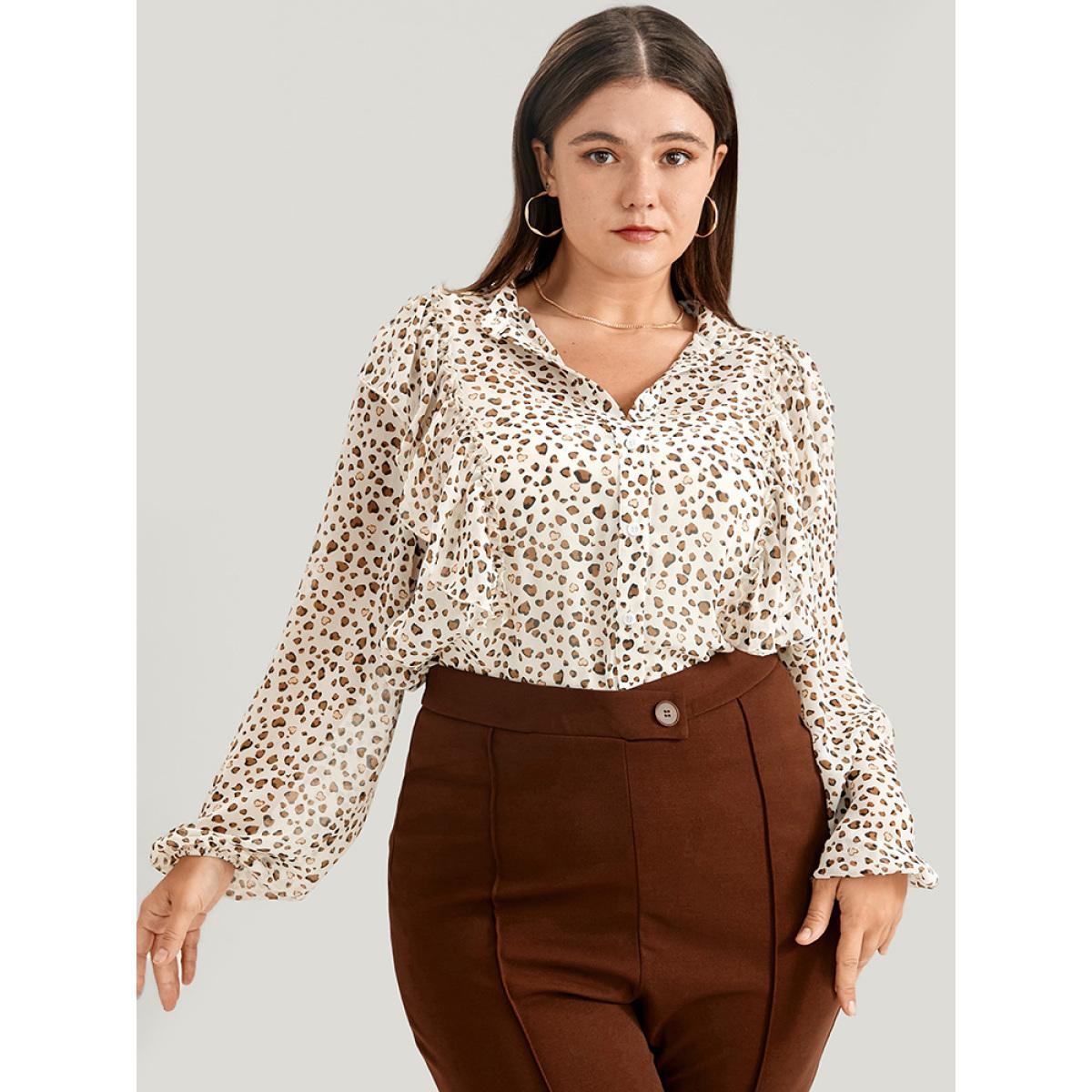 Plus Size Apricot Leopard Mesh Ruffle Trim Button Up Blouse Women Office Long Sleeve Lapel Collar Work Blouses BloomChic 12/L Product Image