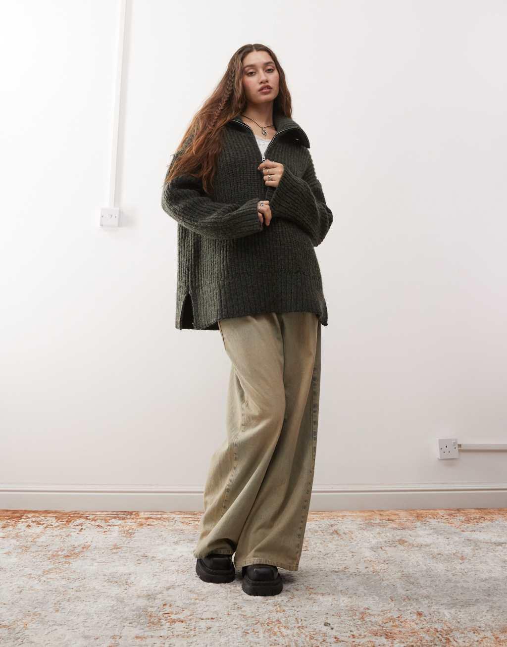 Weekday Cillia half zip sweater in dark green melange Product Image