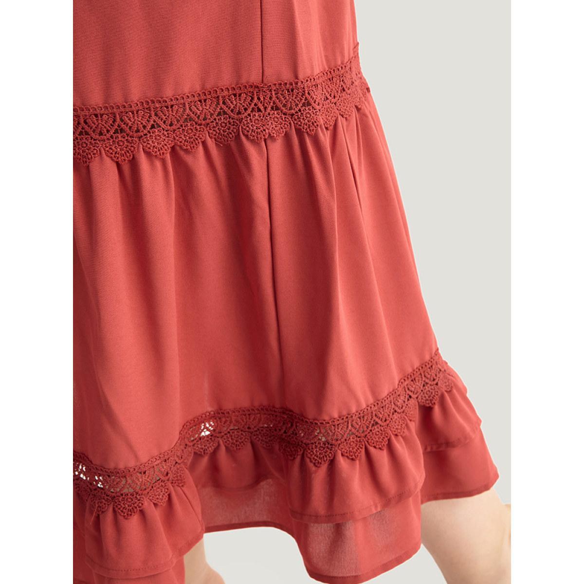 Plus Size Contrast Lace Bell Sleeve Layered Hem Dress Crimson Women Elegant Plain V-neck Long Sleeve Curvy Midi Dress BloomChic 10/M Product Image
