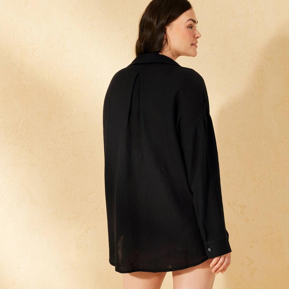 Women's Gauze Cover Up Shirtdress - Shade & Shore™ Black M: Cotton, Long Sleeve, Banded Collar, Patch Pocket Product Image