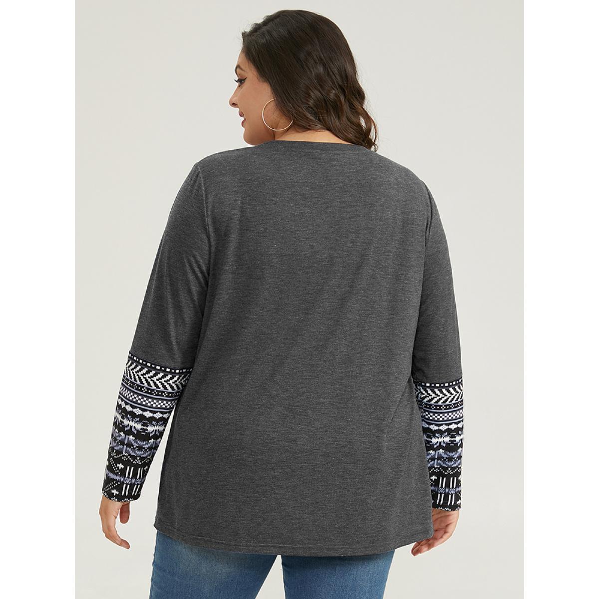Plus Size Boho Print Round Neck Gathered T-shirt Gray Women Casual Patchwork Bohemian Print Round Neck Dailywear T-shirts BloomChic 22-24/3X Product Image