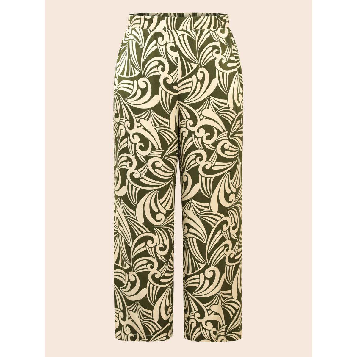Plus Size Tropical Print Wide Leg Mid Rise Pants Women Moss Casual Wide Leg Mid Rise Everyday Pants BloomChic 22-24/3X Product Image