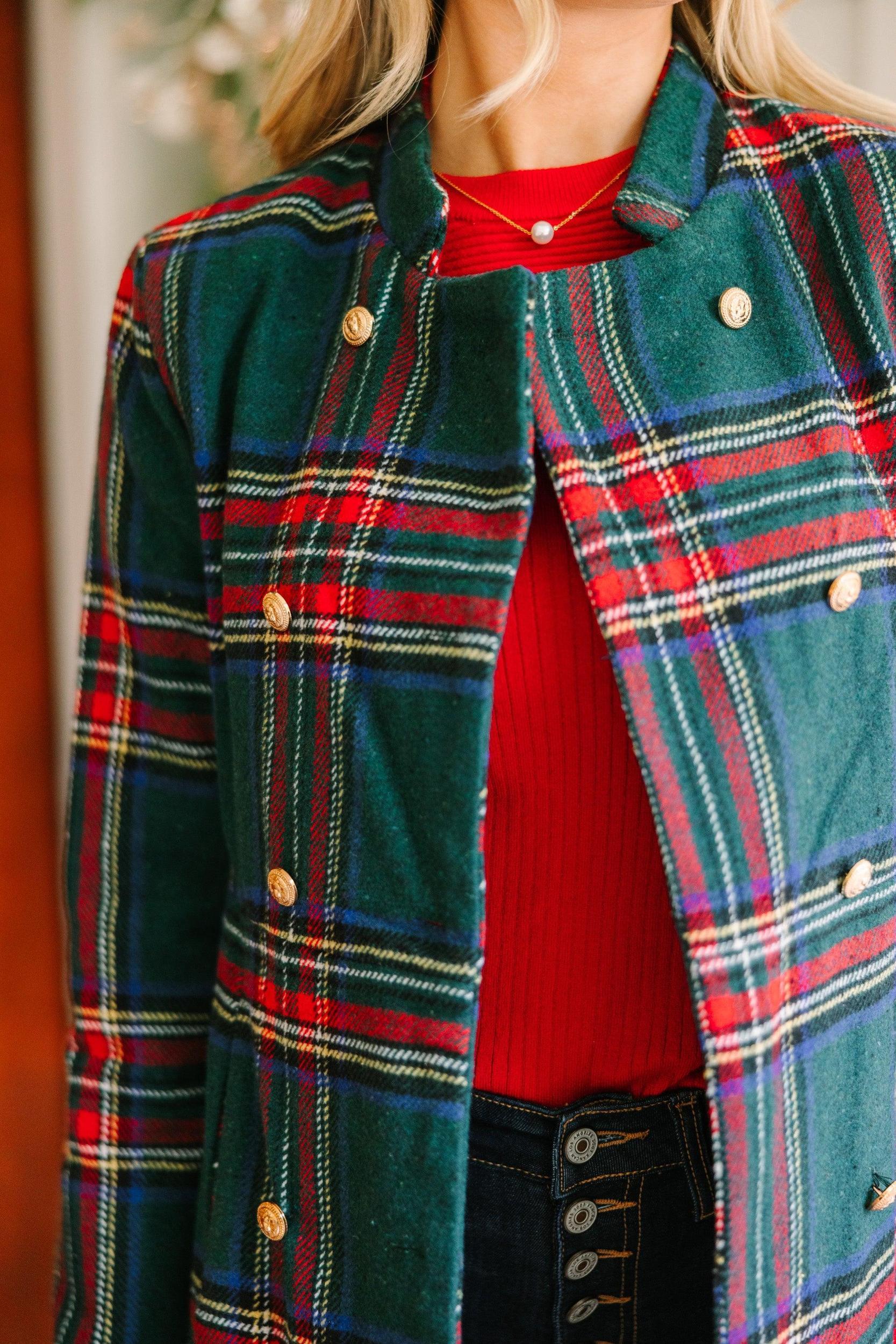 City Streets Emerald Green Plaid Coat Female Product Image