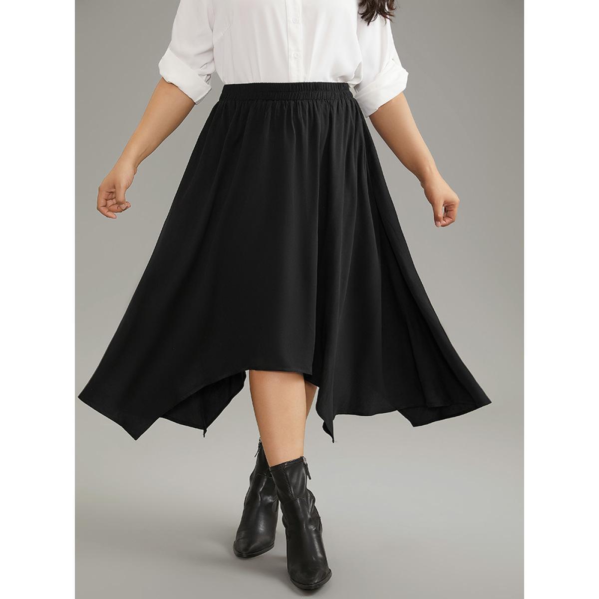 Plus Size Solid Rayon Elastic Waist Pocket Hanky Hem Skirt Women Black Office Plain No stretch Pocket Work Skirts BloomChic 10/M Product Image