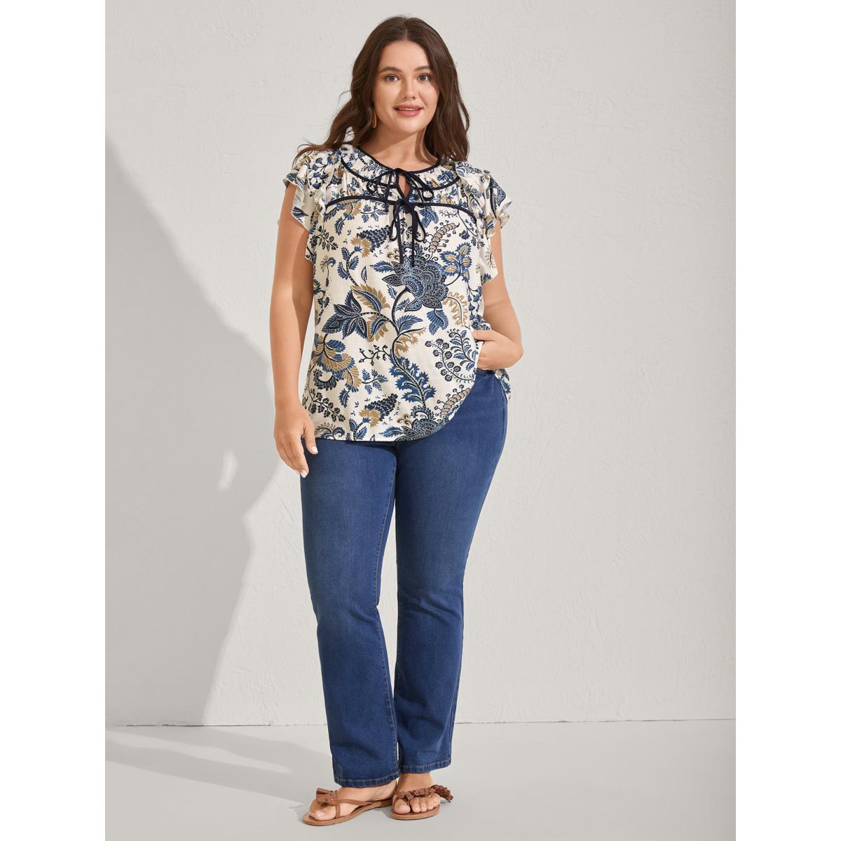 Plus Size Indigo Floral Print Contrast Neck Tie Blouse Women Cap Sleeve Round Neck Vacation Blouses BloomChic 18-20/2X Product Image