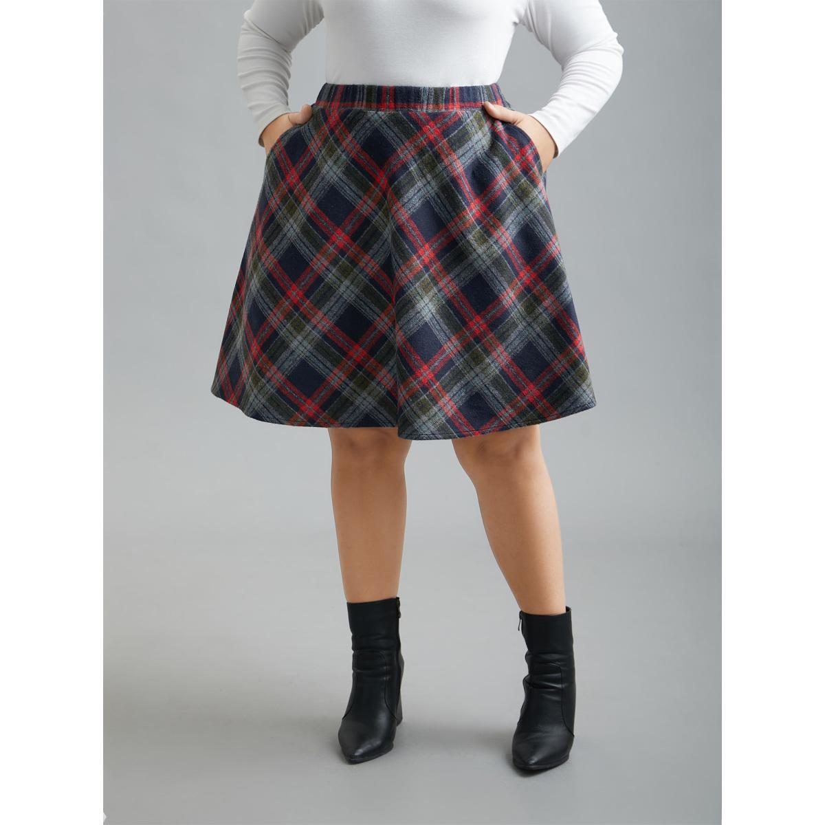 Plus Size Plaid Pattern Elastic Waist A-line Mini Skirt Women Moss Elegant Low stretch Slanted pocket Everyday Skirts BloomChic 10/M Product Image