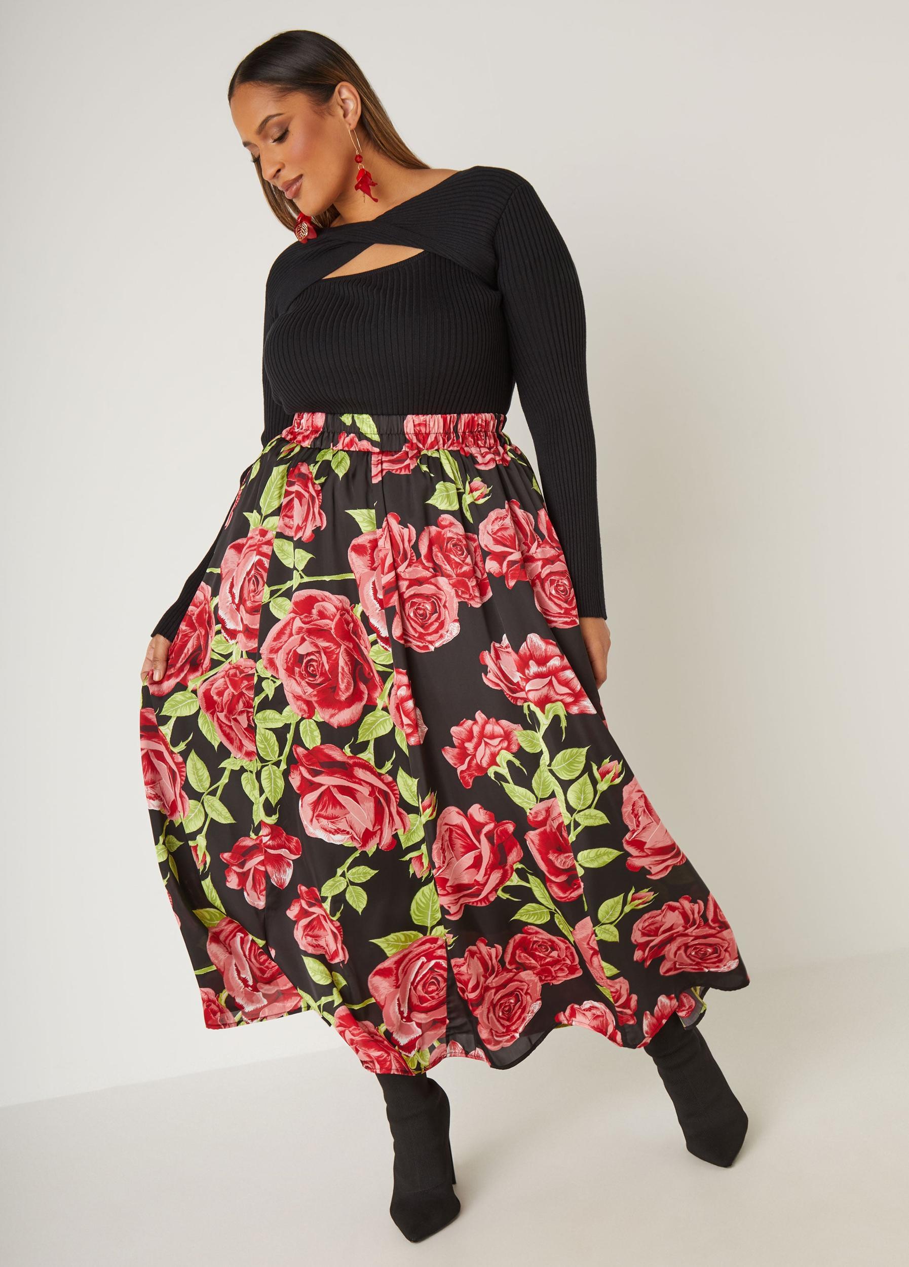 Plus Size Rose Print Satin Maxi Skirt Ashley Stewart Product Image