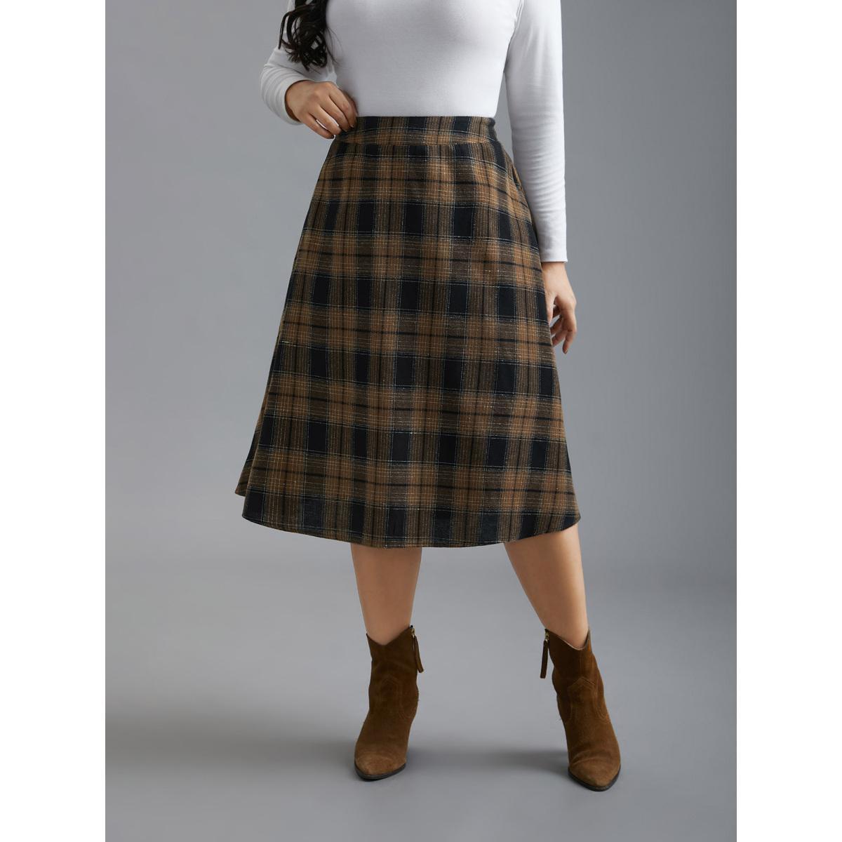 Plus Size Plaid Elastic Waist Slant Pocket Skirt Women Yellowishbrown Elegant No stretch Slanted pocket Everyday Skirts BloomChic 14-16/1X Product Image