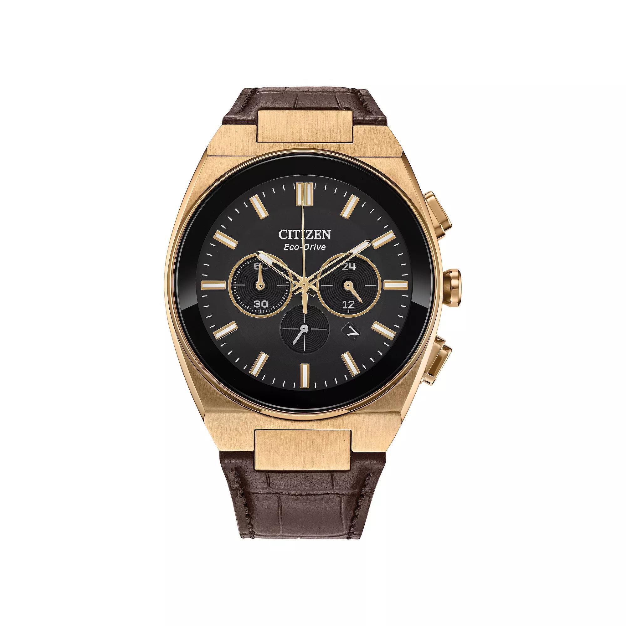 Citizen Mens Eco-Drive Axiom Gold Stainless Steel Chronograph Brown Leather Strap Watch - CA4583-01E Product Image