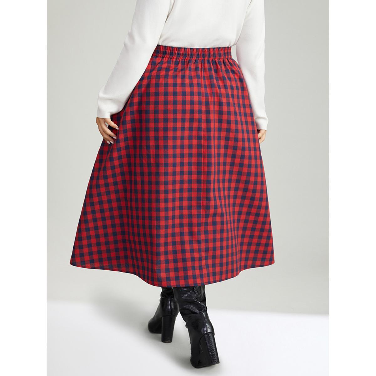 Plus Size Gingham Pocket Elastic Waist Button Detail Skirt Women Scarlet Elegant Elastic Waist Loose No stretch Pocket Festival-Christmas Skirts BloomChic 30/6X Product Image