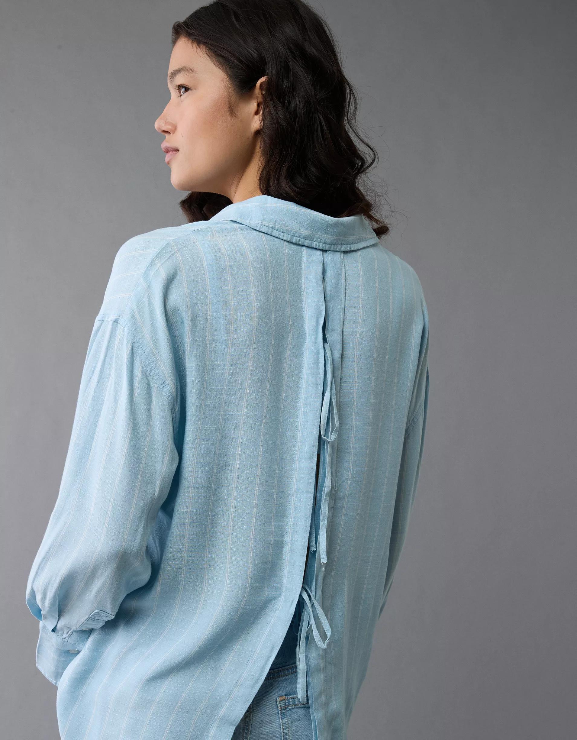 AE Long-Sleeve Tie Back Button-Up Shirt Product Image