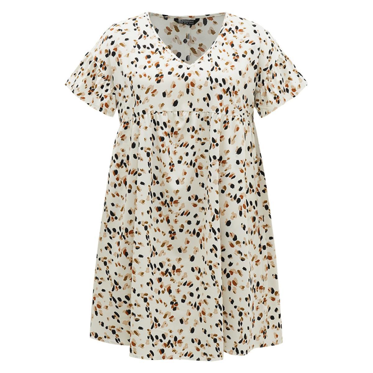 Plus Size Allover Print Pocket V Neck Ruffle Sleeve Dress Leopard Women Elegant Ruffles V-neck Short sleeve Curvy Knee Dress BloomChic 28/5X Product Image