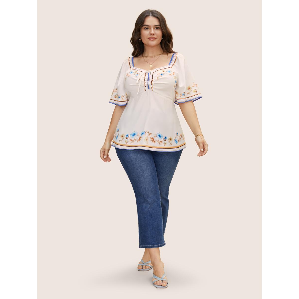 Plus Size Multicolor Heart Neckline Boho Print Drawstring Blouse Women Elegant Short sleeve Heart neckline Everyday Blouses BloomChic 18-20/2X Product Image