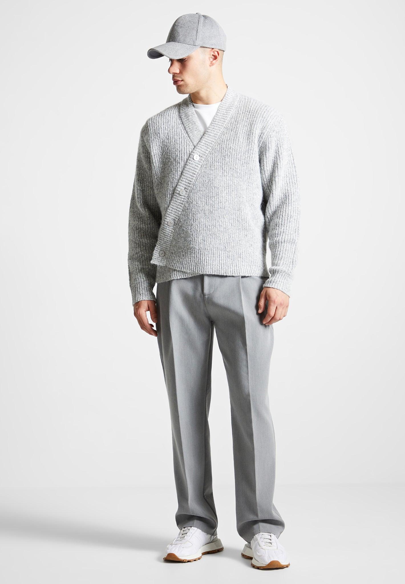 Double Breasted Brushed Knit Cardigan - Grey Male Product Image