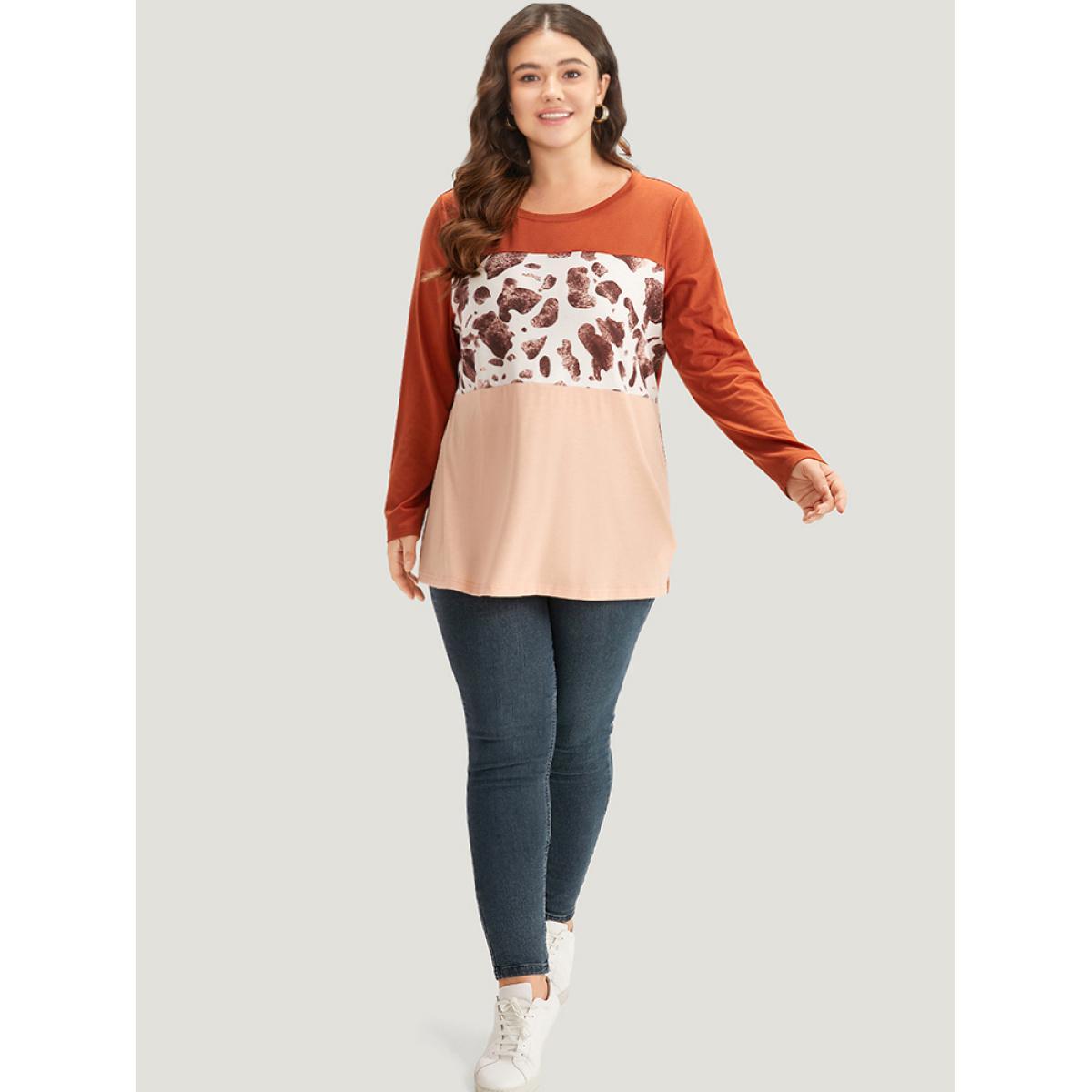 Plus Size Halloween Cow Pattern Contrast Patchwork T-shirt Chocolate Women Casual Patchwork Colorblock Round Neck Dailywear T-shirts BloomChic 26/4X Product Image