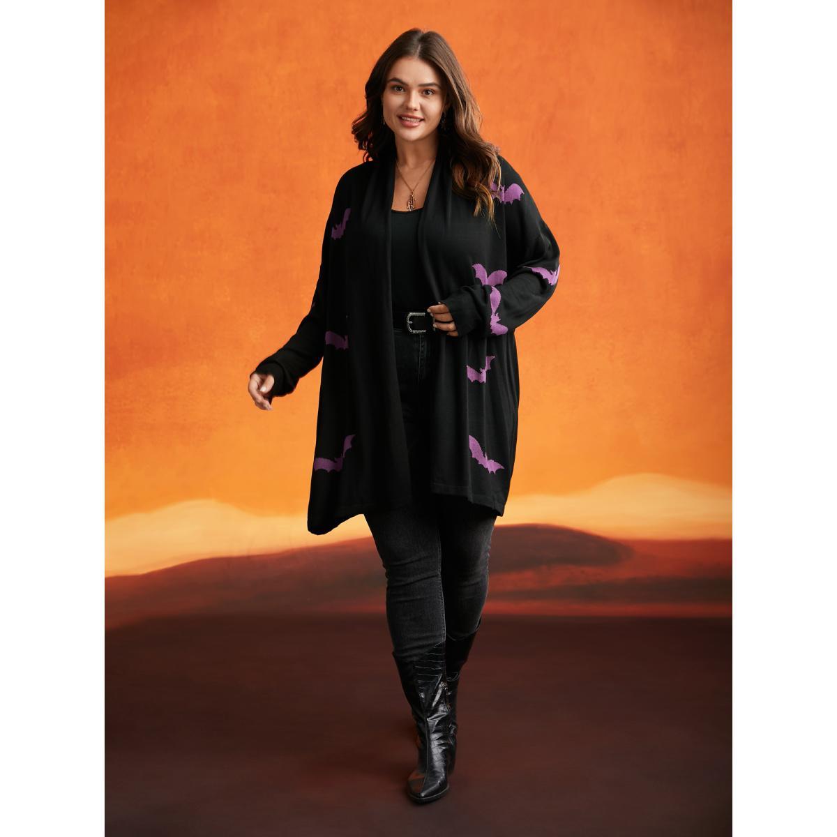 Plus Size Supersoft Essentials Halloween Bat Pattern Lapel Collar Cardigan Black Women Casual Loose Long Sleeve Festival-Halloween Cardigans BloomChic 22-24/3X Product Image