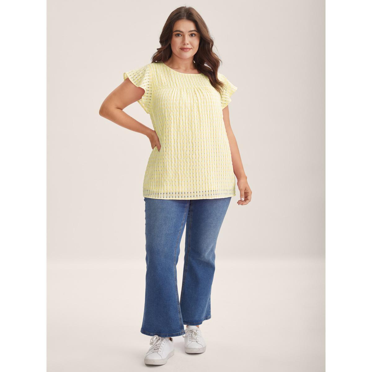Plus Size Lightyellow Textured Sheer Lined Flutter Sleeve Blouse Women Cap Sleeve Round Neck Everyday-Casual Blouses BloomChic 30/6X Product Image