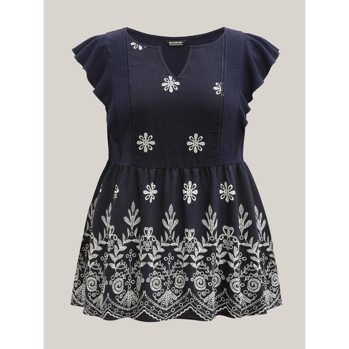 Plus Size Midnight Floral Boho Print Ruffled Plain Blouse Women Cap Sleeve Round Neck Everyday-Elegant Blouses BloomChic 30/6X Product Image