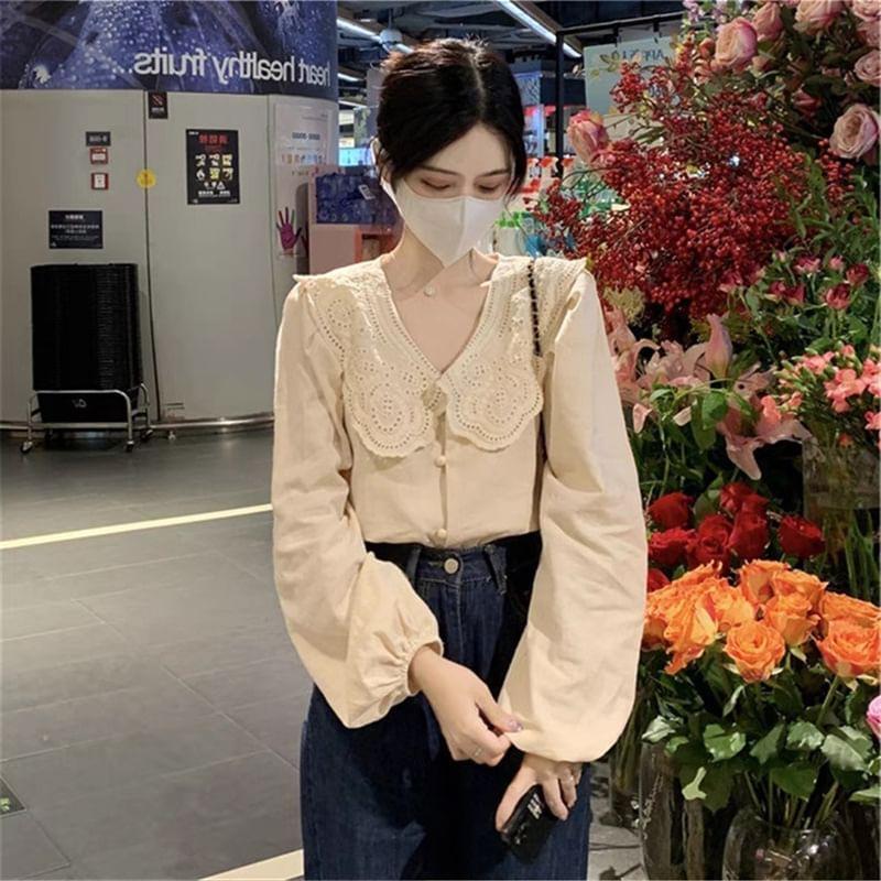Long-Sleeve Eyelet Lace Collar Plain Blouse Product Image