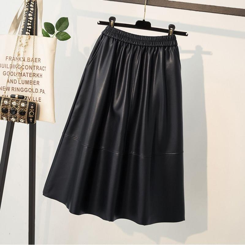 High Rise Plain Faux Leather Midi A-Line Skirt Product Image