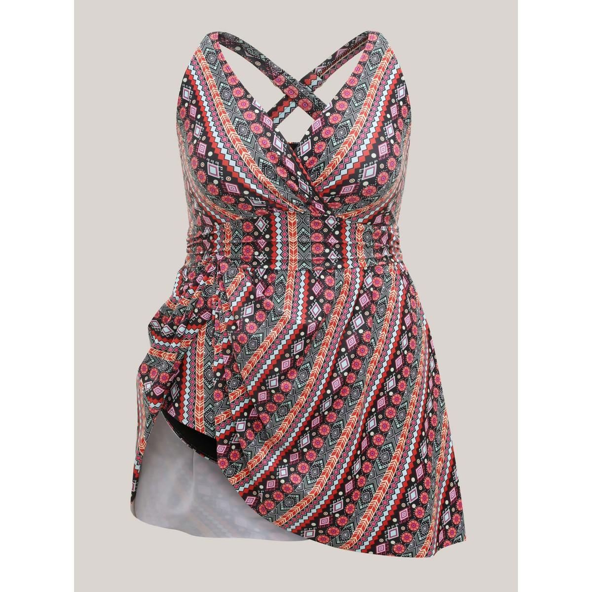 Plus Size Anti-Float Ties Boho Print Swim Dress Women's Swimwear Multicolor Beach Bodycon Overlap Collar High stretch Curve Swim Dresses BloomChic 26/4X Product Image