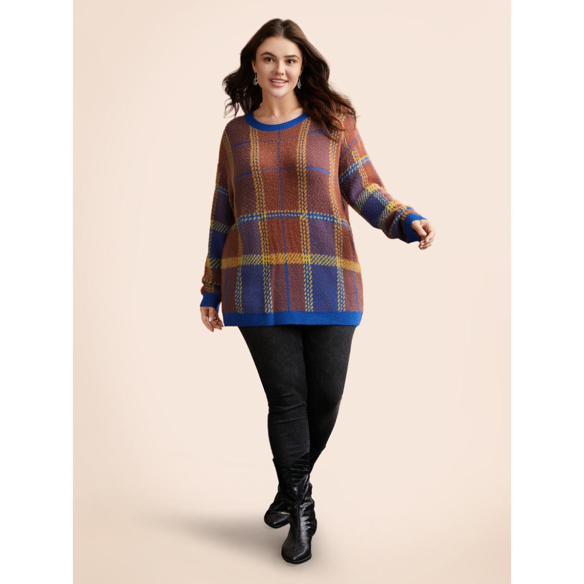 Plus Size Plaid Texture Crew Neck Pullover Navy Women Casual Long Sleeve Round Neck Everyday Pullovers BloomChic 14-16/1X Product Image