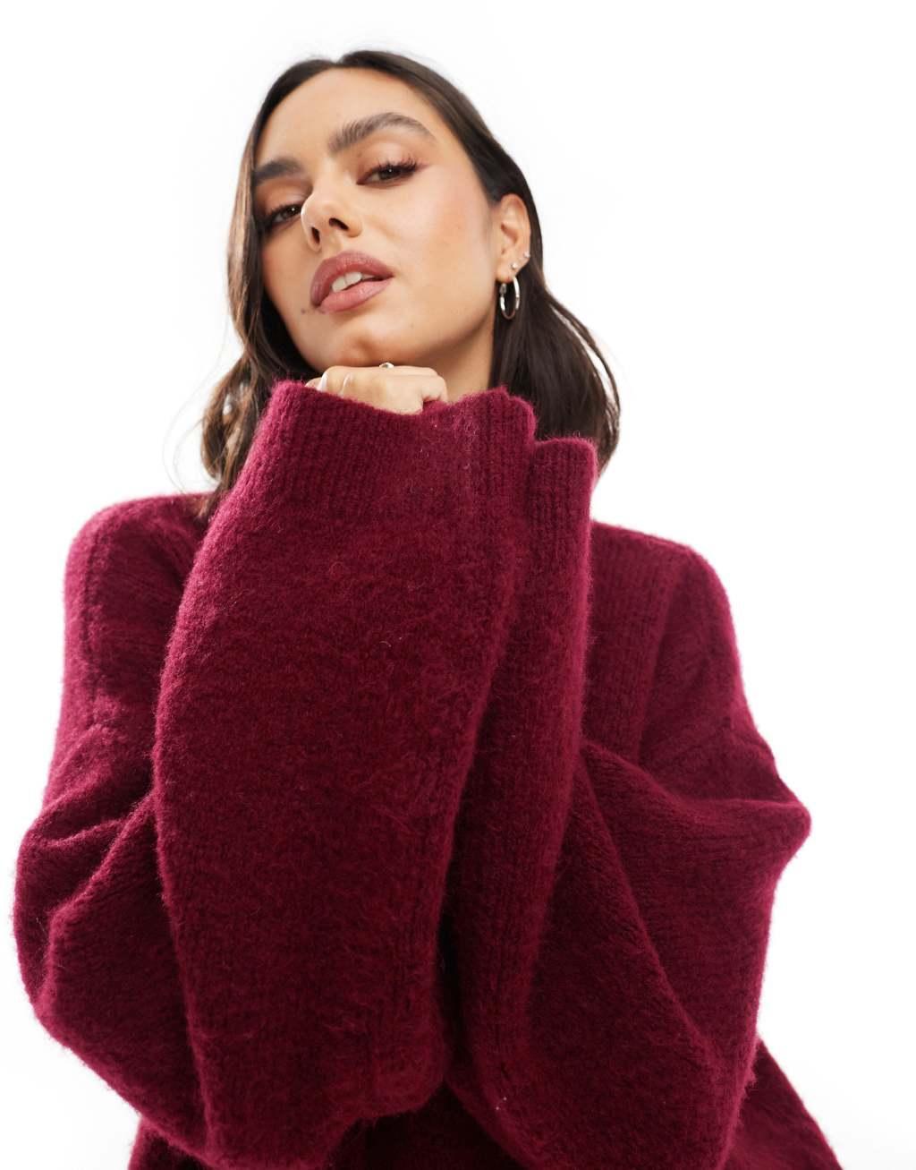 ASOS DESIGN fluffy wide sleeve knit sweater in burgundy Product Image