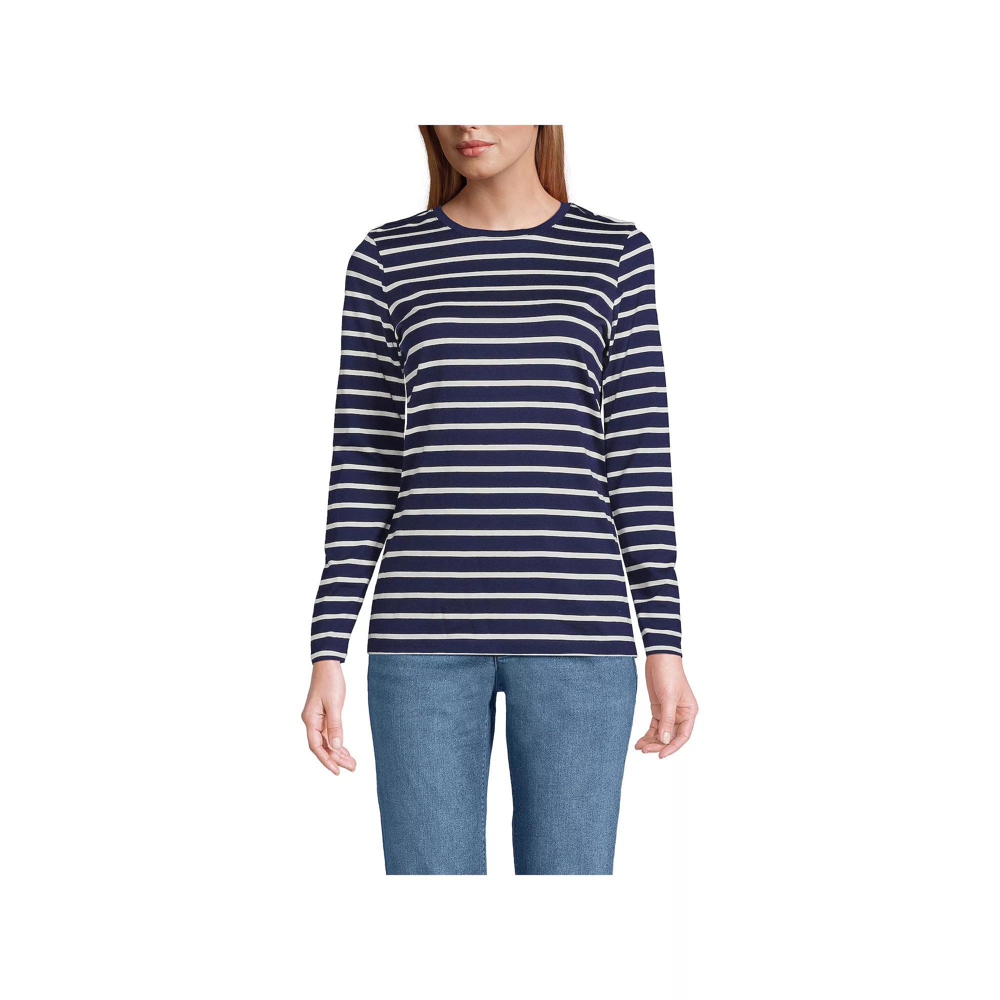 Petite Lands End Relaxed-Fit Supima Long Sleeve Cotton Crewneck Tee, Womens Ivory Green Stripe Product Image