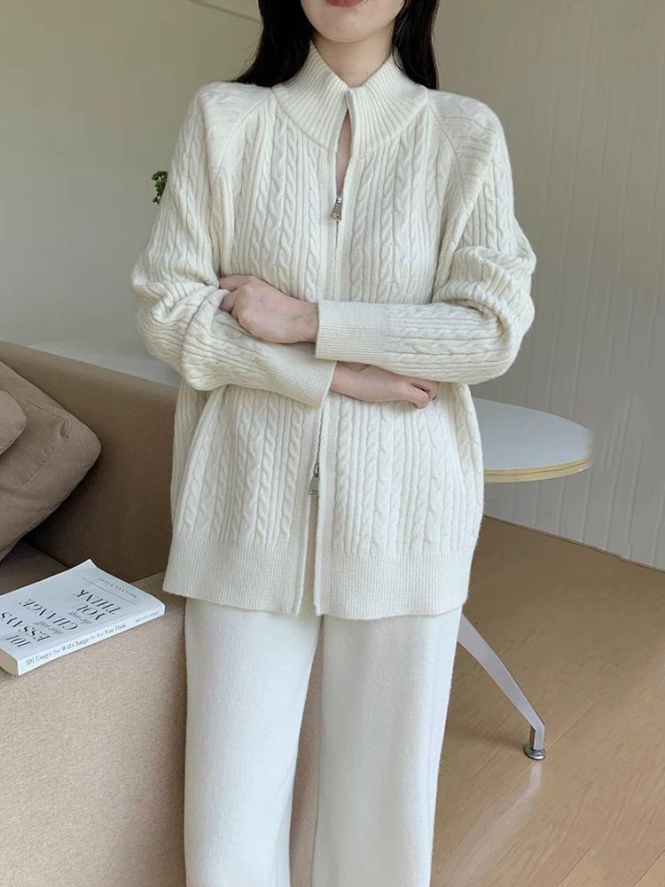 Set: Plain Cable-Knit Zip Cardigan + High Rise Knit Wide Leg Pants Product Image