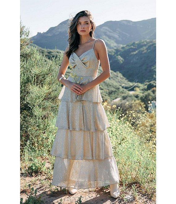 Skies Are Blue Lurex Metallic Shimmer Sweetheart Neck Sleeveless Tiered Maxi Dress Product Image