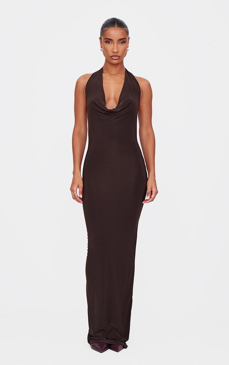 Chocolate Soft Touch Cowl Neck Twist Back Detail Maxi Dress Product Image