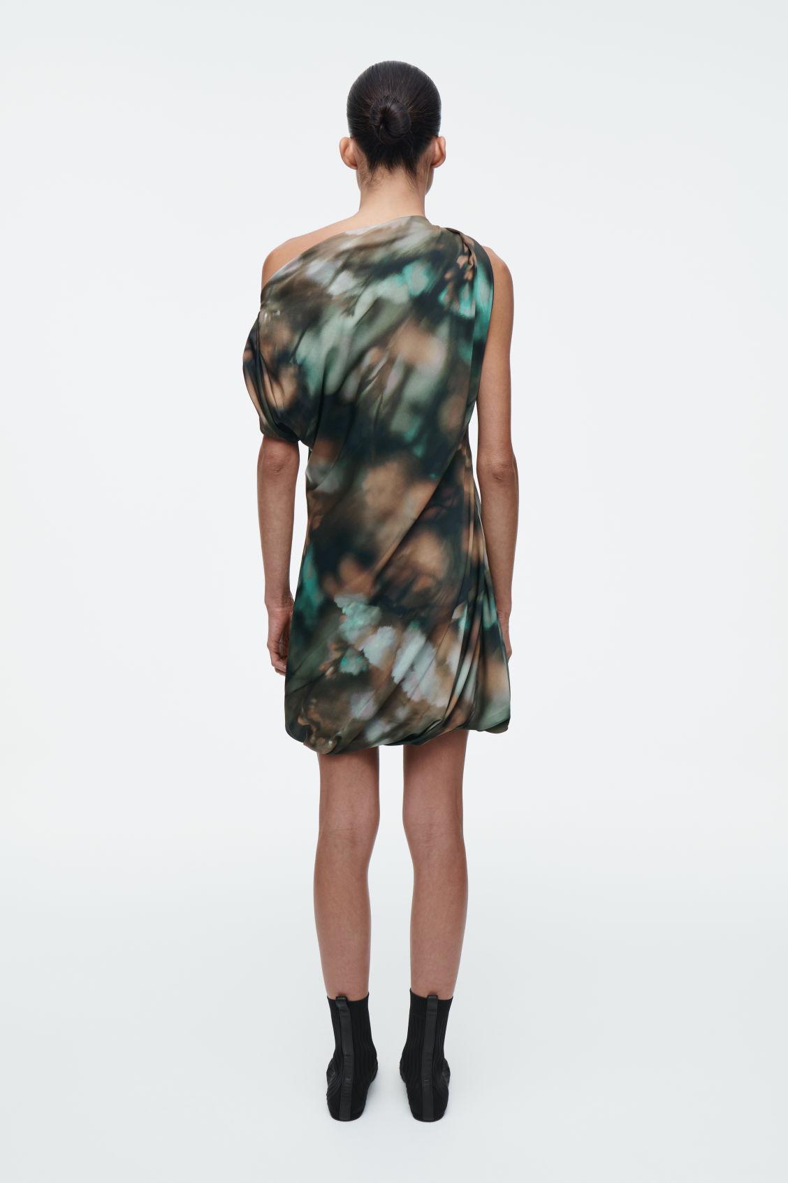 PRINTED DRAPED SILK DRESS Product Image