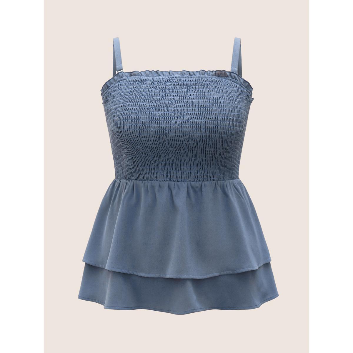 Plus Size Solid Shirred Ruffle Layered Hem Cami Top Women Stone Casual Adjustable Straps Spaghetti Strap Everyday Tank Tops Camis BloomChic 26/4X Product Image