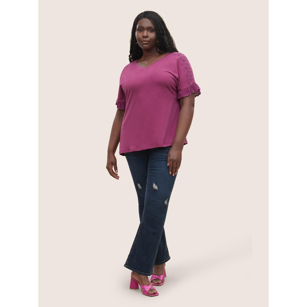 Plus Size Solid Broderie anglaise Patchwork Dolman Sleeve T-shirt RedViolet Women Resort Non Plain V-neck Vacation T-shirts BloomChic 14-16/1X Product Image