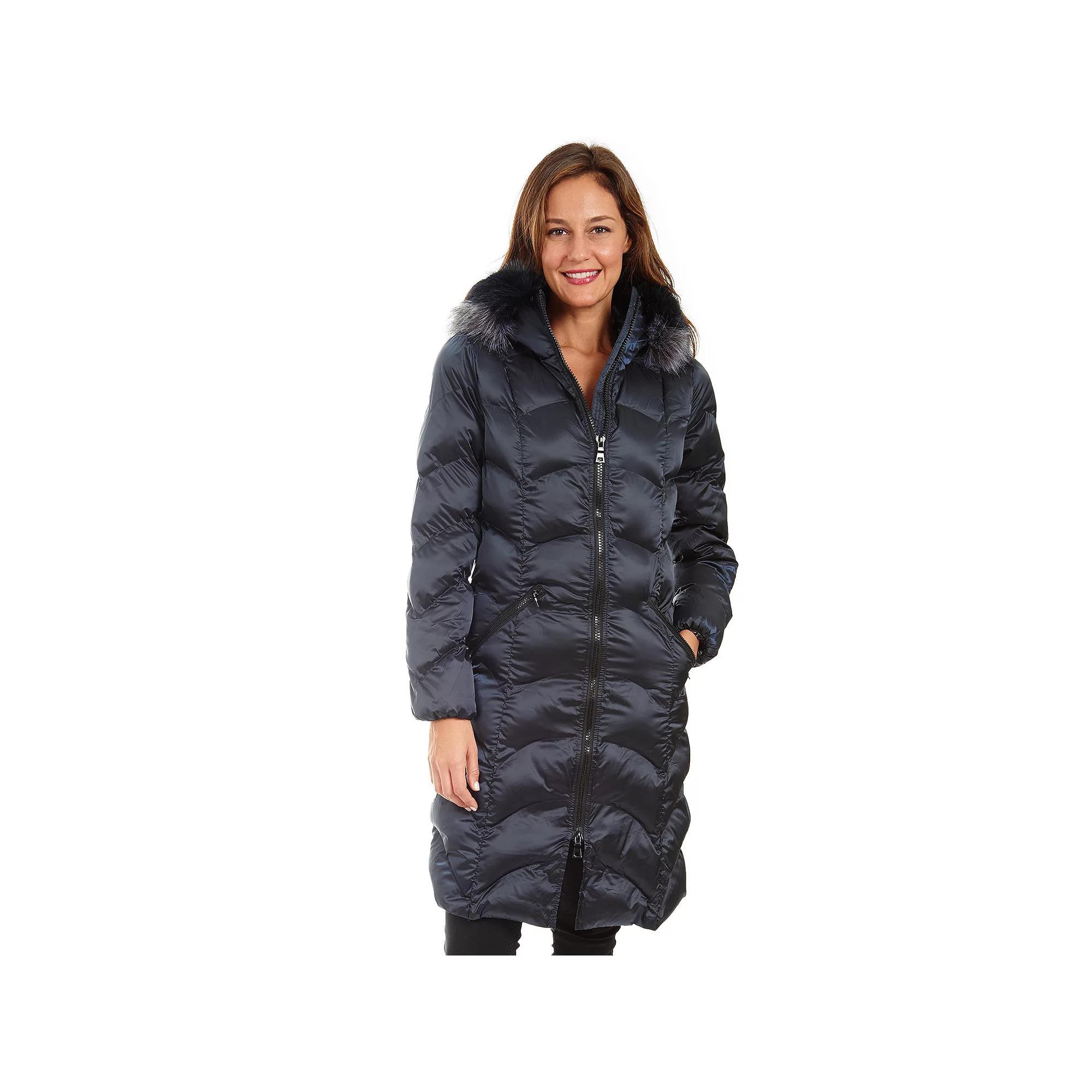 Womens Fleet Street Long Faux Down Coat with Faux Fur Trimmed Hood Black Product Image
