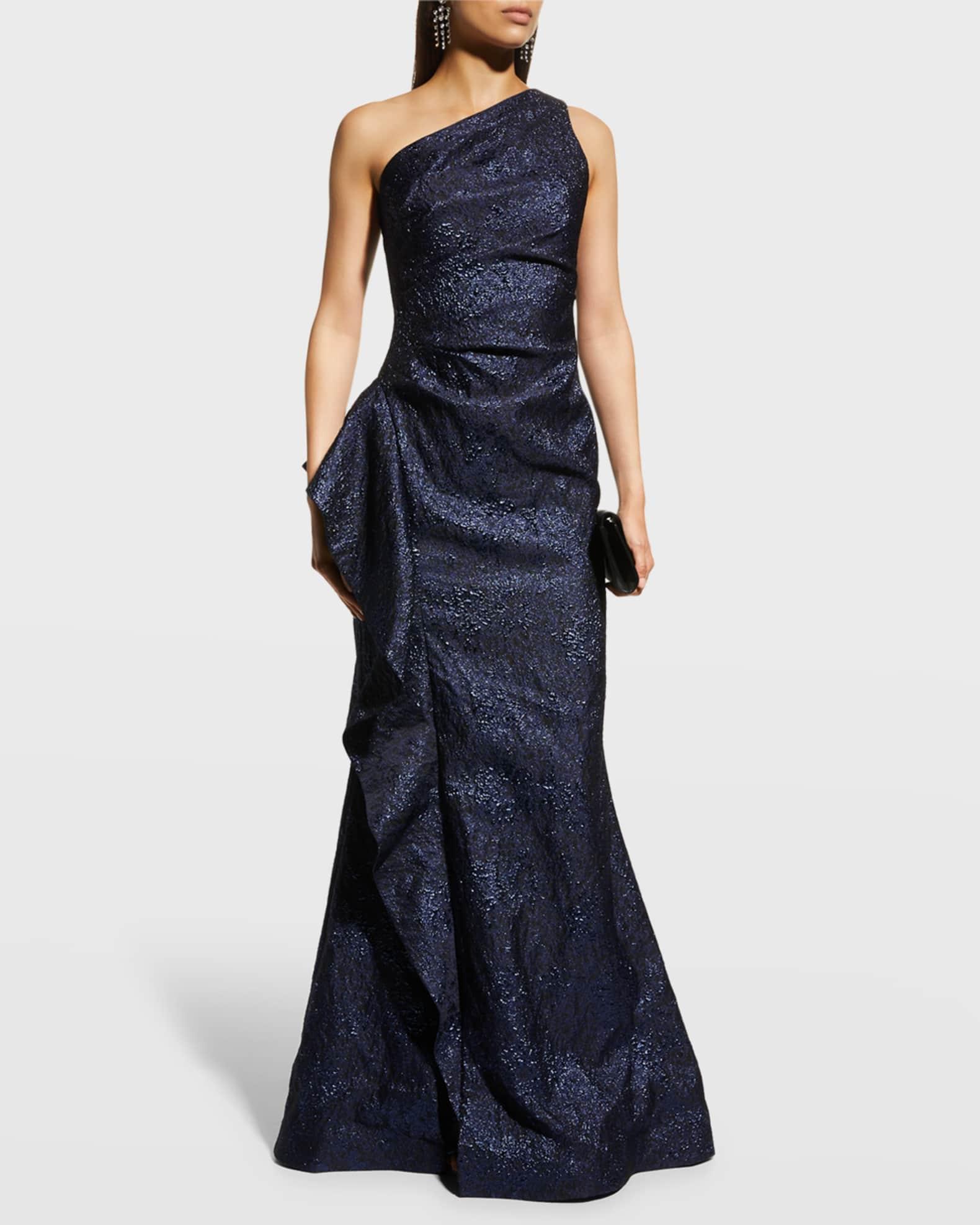 One-Shoulder Jacquard Side-Ruffle Gown Product Image