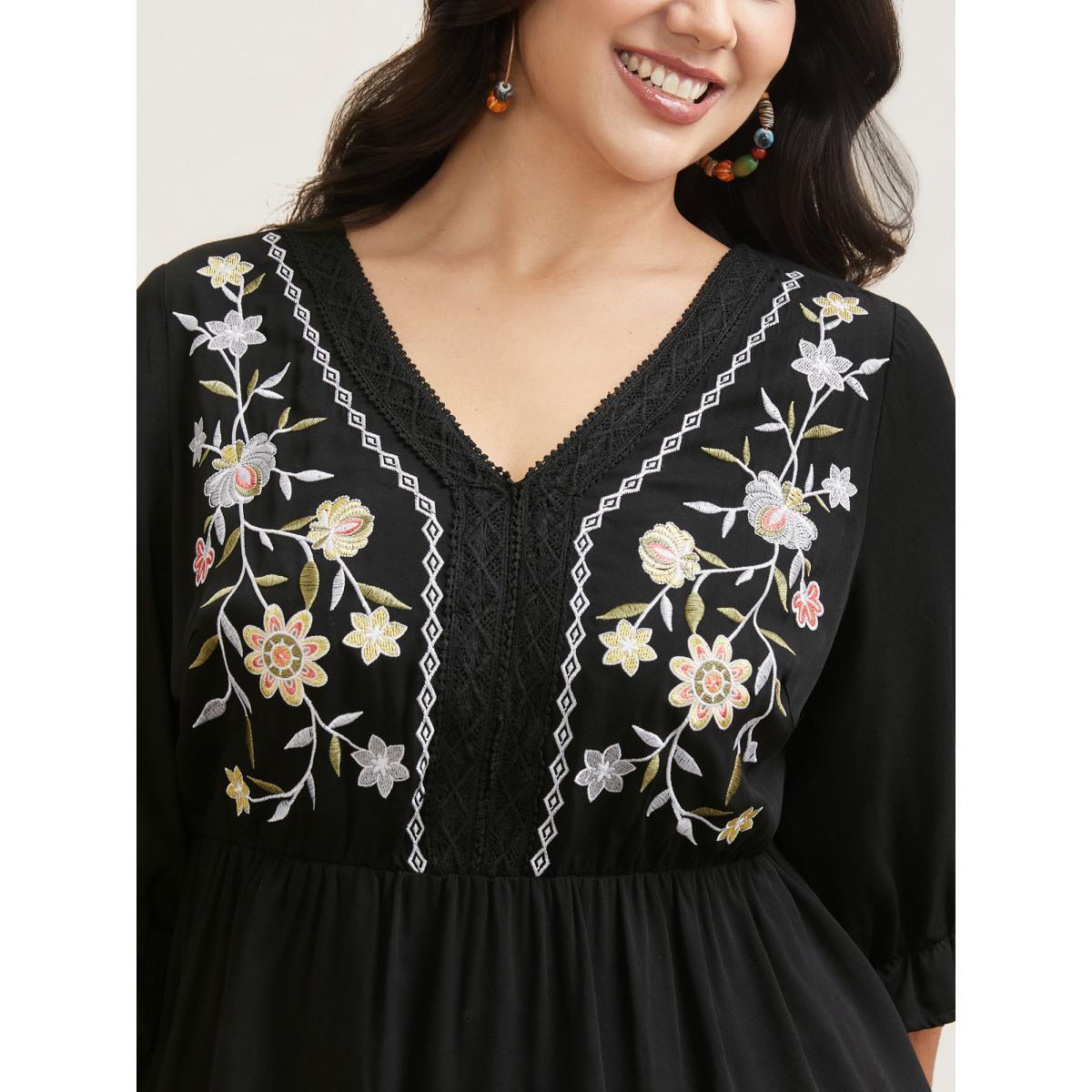 Plus Size Black Embroidered Lace Spliced Peplum Shirt Women Resort Elbow-length sleeve V-neck Vacation Blouses BloomChic 26/4X Product Image
