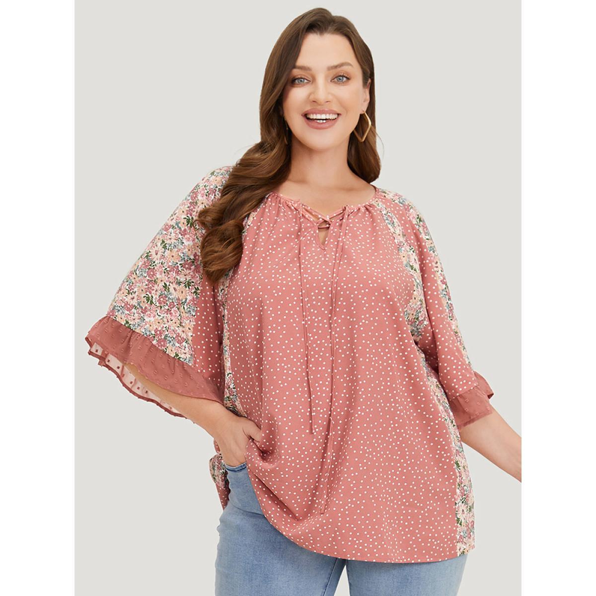 Plus Size Rouge Polka Dot & Ditsy Floral Flounce Sleeve Lace Up Blouse Women Elegant Half Sleeve Tie Neck Dailywear Blouses BloomChic 14-16/1X Product Image