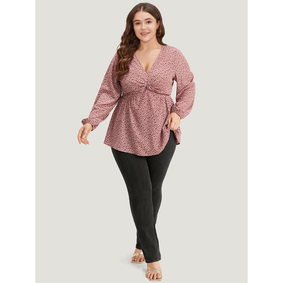 Plus Size Rouge Dot Print Twist Front Gathered V Neck Blouse Women Elegant Long Sleeve V-neck Everyday Blouses BloomChic 10/M Product Image