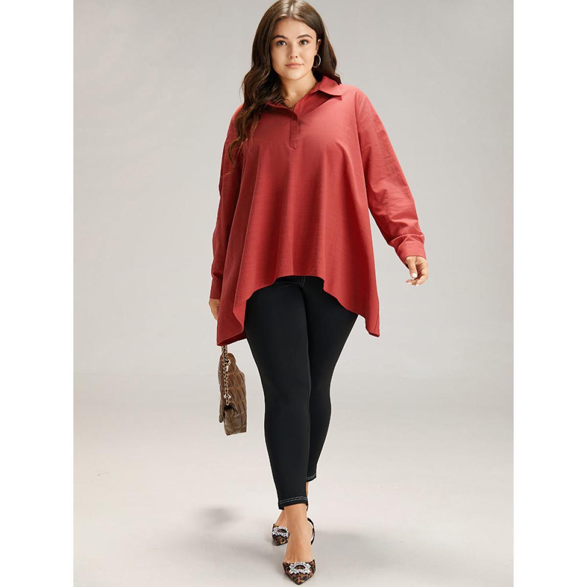 Plus Size Scarlet Cotton Curved Hem Button Down Blouse Women Office Long Sleeve Shirt collar Work Blouses BloomChic 18-20/2X Product Image