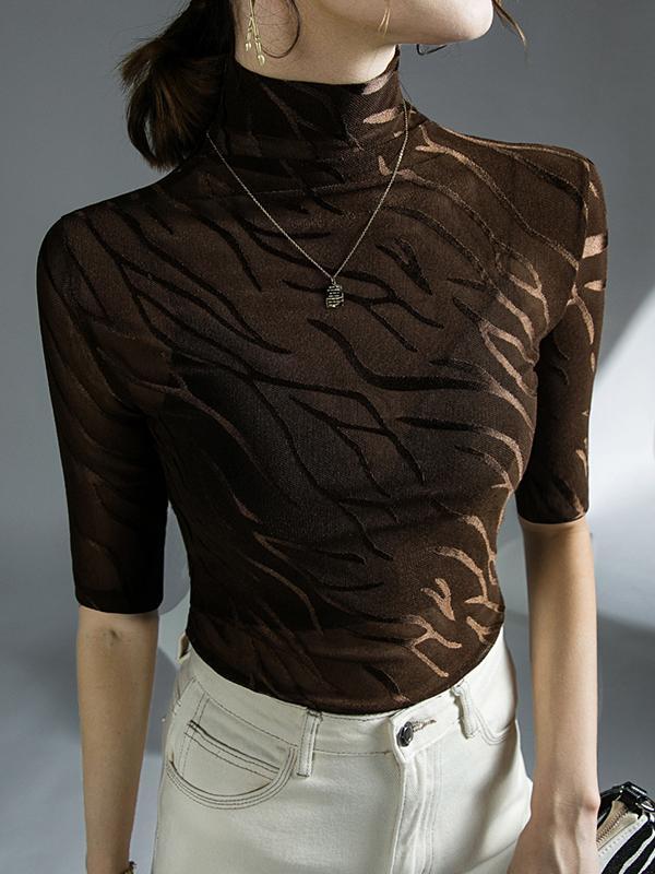Half Sleeves Plus Size See-Through High Neck T-Shirts Tops Product Image